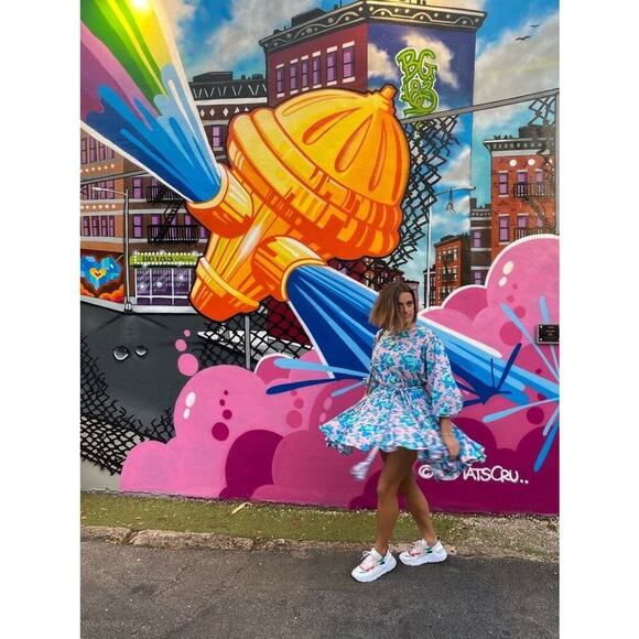 RHODE Women's Pink & Blue Floral Print Puff Sleeves Mini Dress Size Medium - Picture 14 of 16